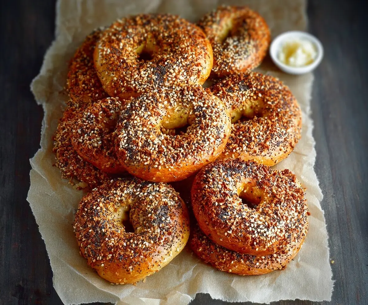 Golden Montreal style bagels with sesame seeds on a wooden surface