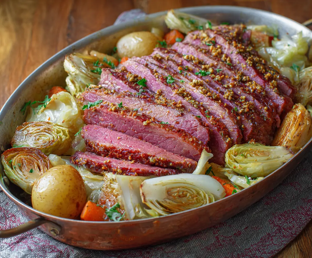 Delicious oven-roasted corned beef with fresh cabbage for a hearty meal.