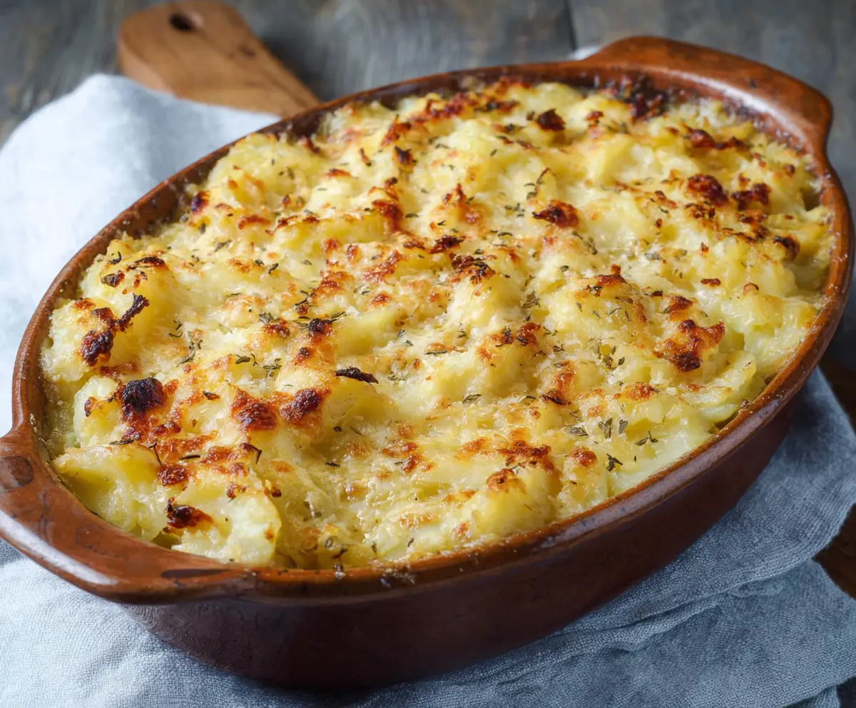 Creamy Potatoes Romanoff topped with melted cheese and fresh herbs