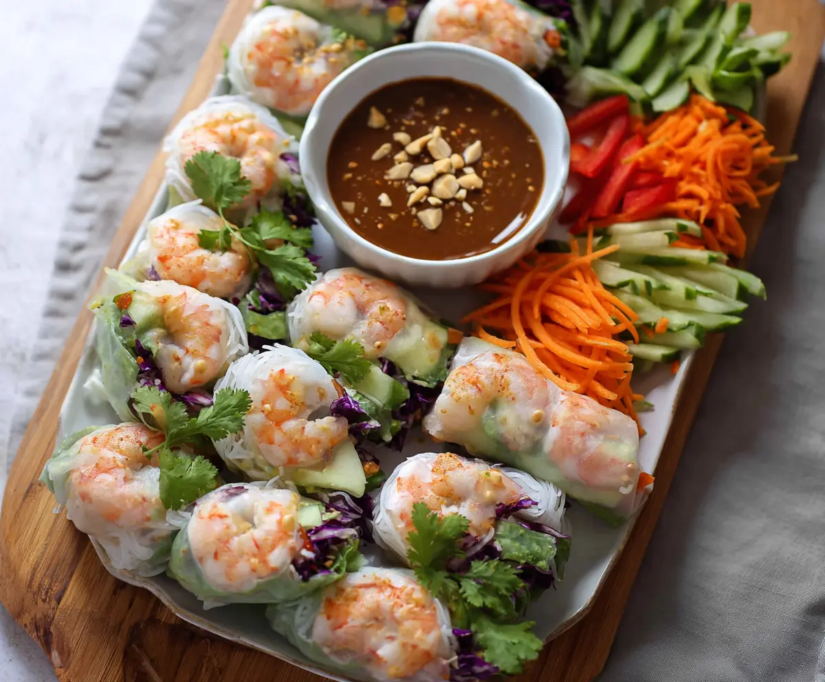 Fresh shrimp and vegetables inside rice paper rolls, perfect for a light and healthy meal.