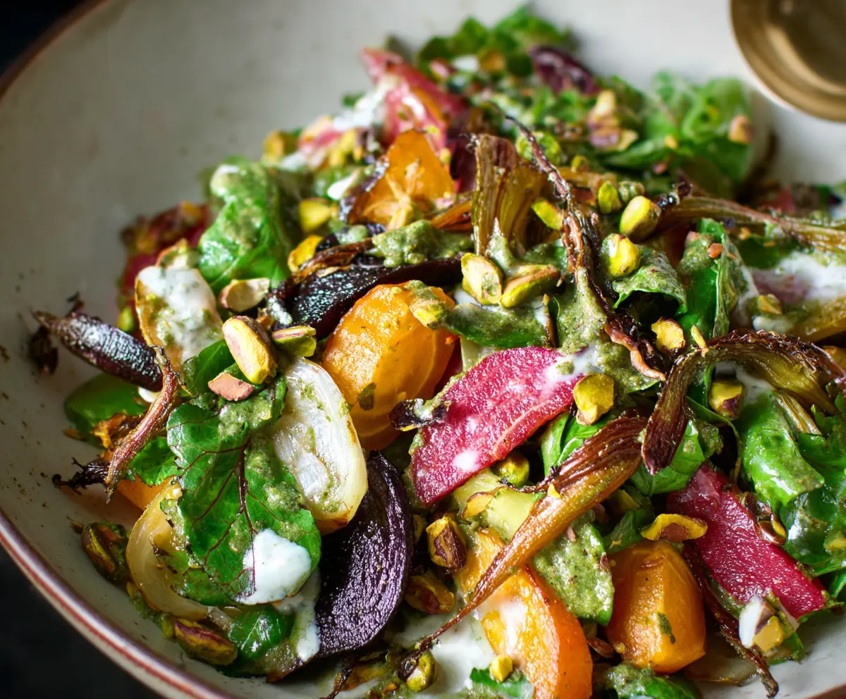 Colorful spring root vegetable salad topped with pistachio vinaigrette, fresh herbs, and edible flowers.