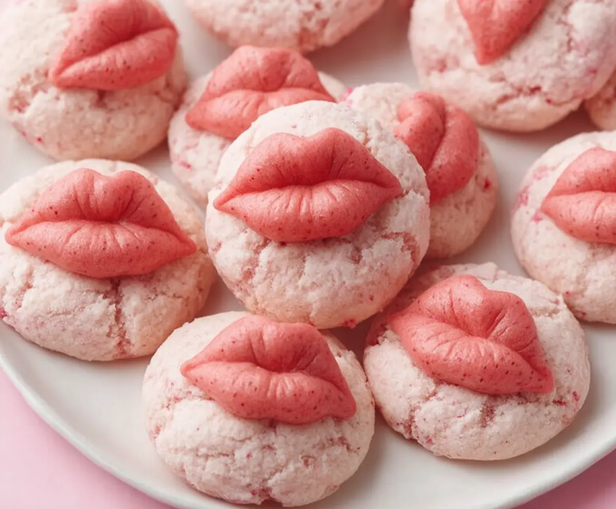 Delicious Strawberry Kiss Cookies with vibrant red strawberries and sweet icing toppings.