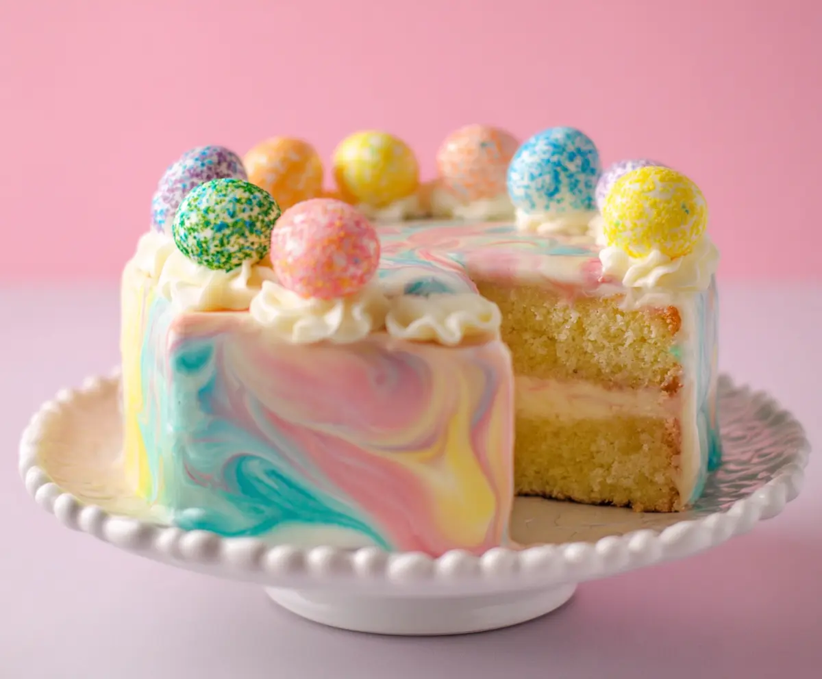 Festive Swirled Easter Cake with colorful icing and decorative toppings
