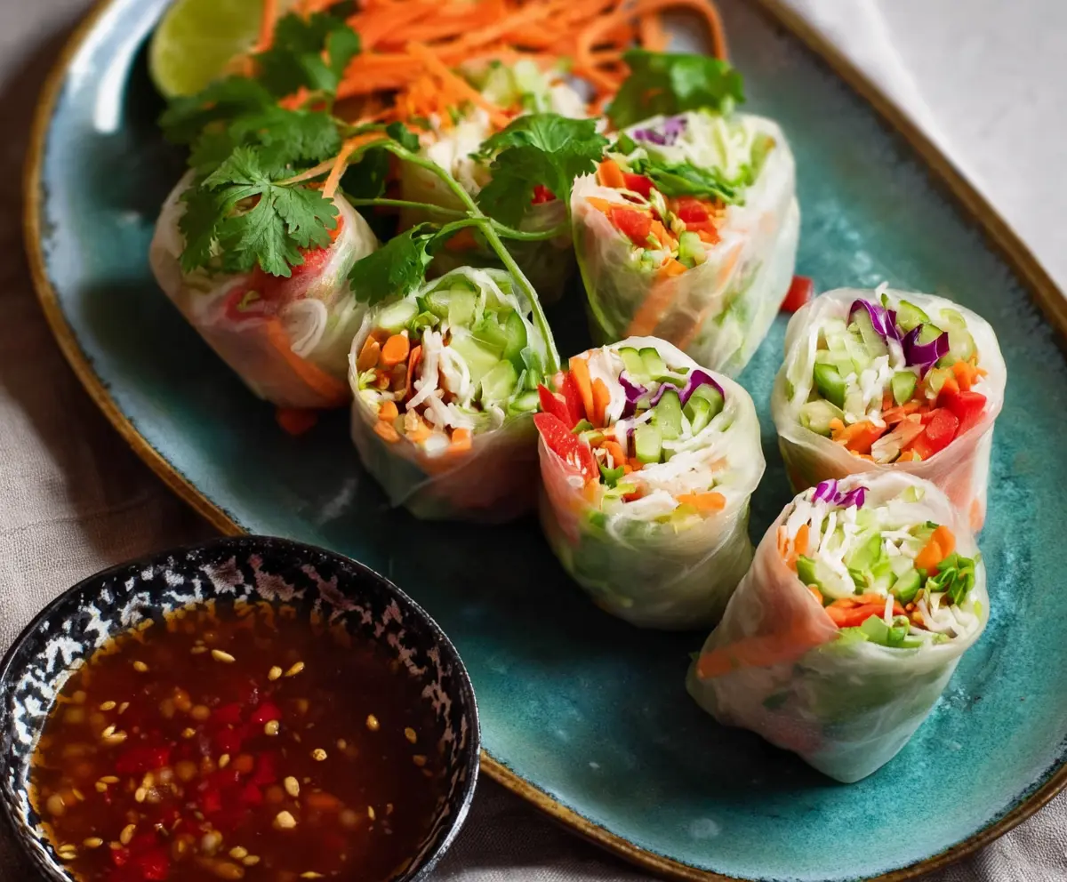 Fresh Thai vegetable spring rolls with colorful veggies and herbs on a white plate.