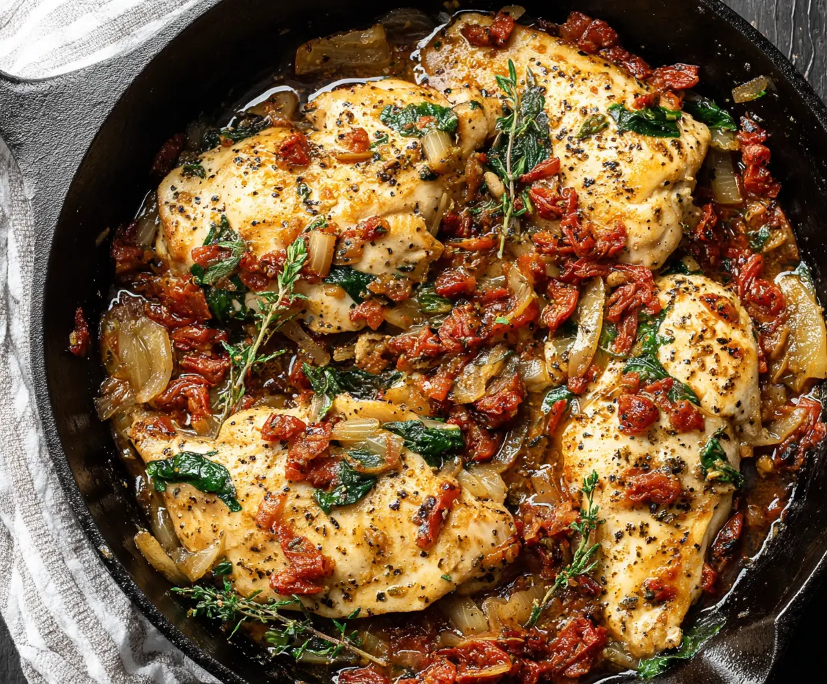 Delicious Tuscan Chicken Skillet with creamy sauce and fresh herbs served hot.