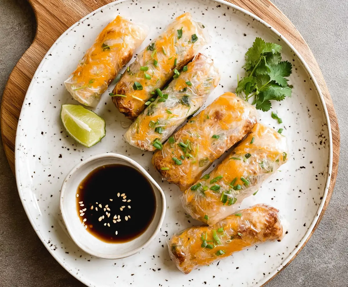 Crispy air fryer rice paper rolls filled with fresh vegetables and herbs, served on a white plate.