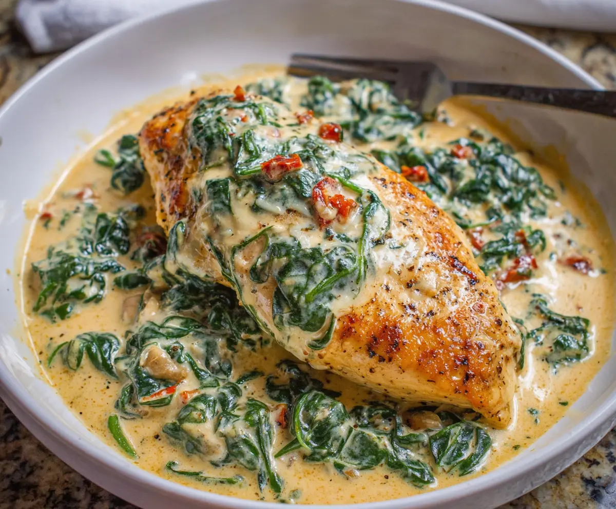Delicious chicken breast in a creamy spinach Parmesan sauce served on a white plate.