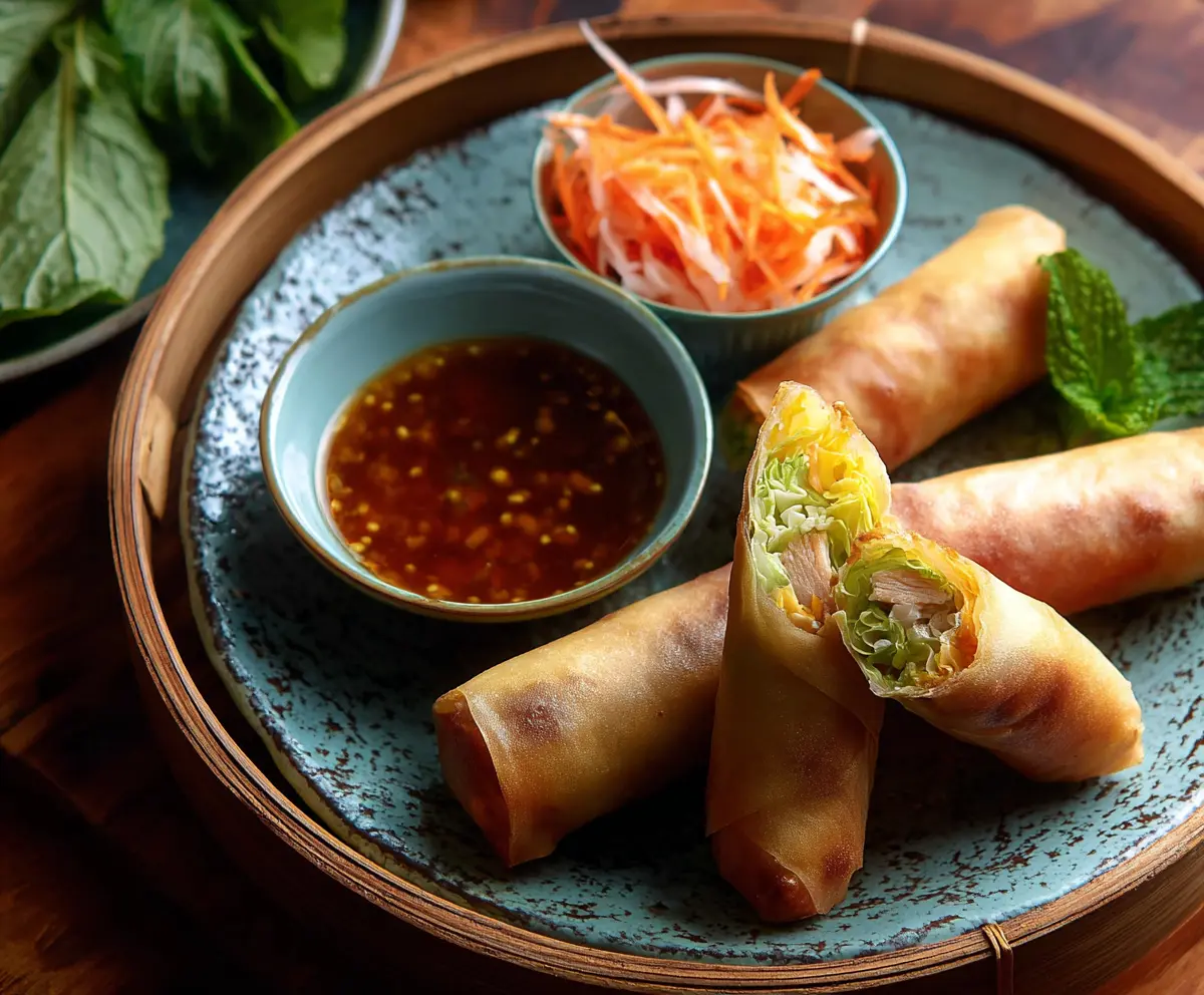 Delicious chicken spring rolls with crispy exterior and savory filling on a serving plate