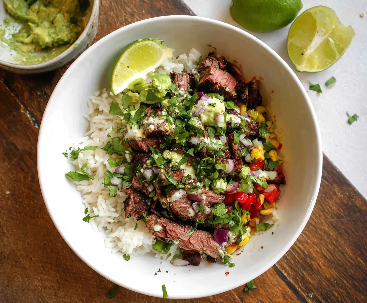Delicious cilantro lime steak served over rice in a vibrant bowl, perfect for a flavorful meal.