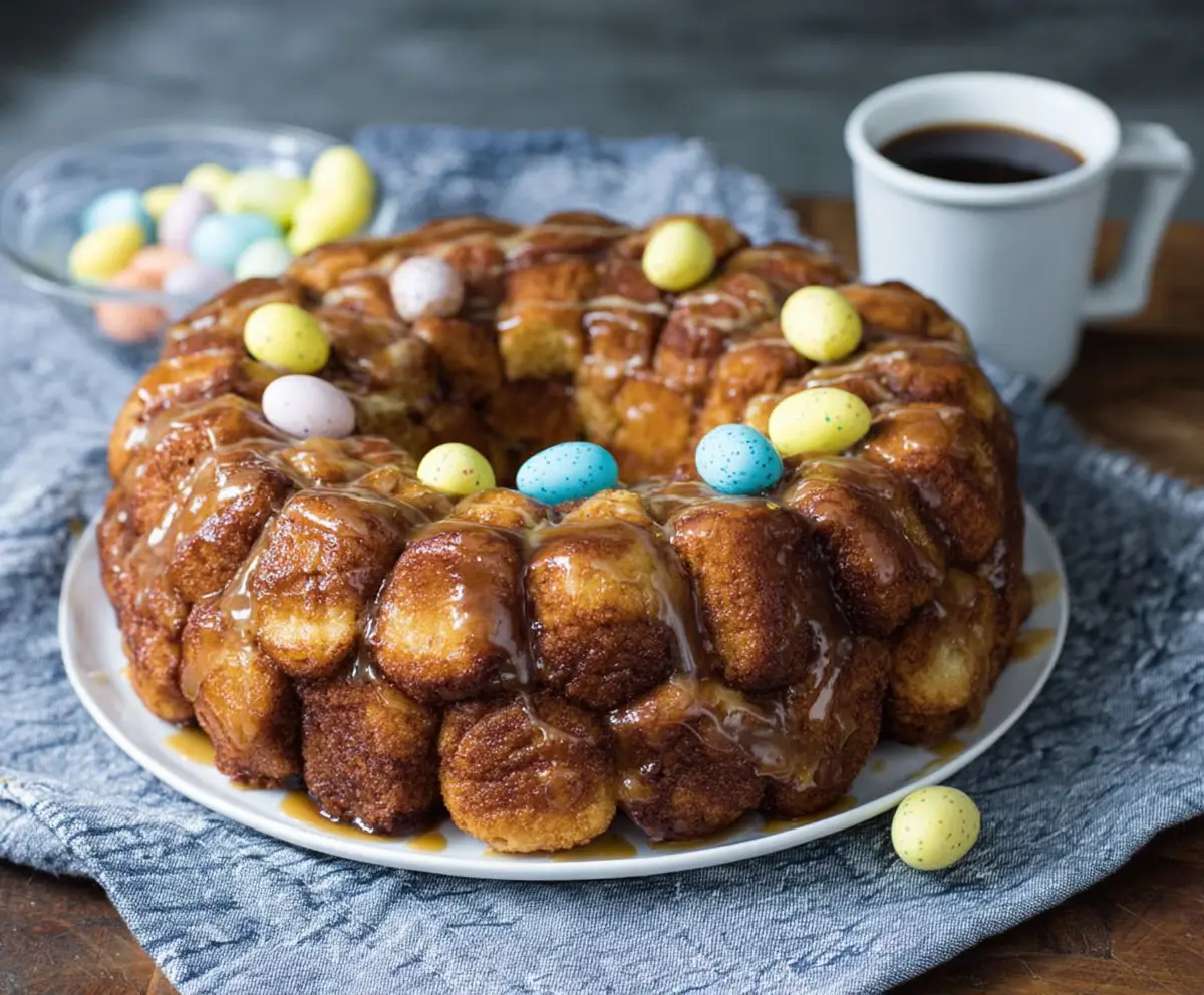 Delicious Easter brunch monkey bread topped with glaze and colorful sprinkles