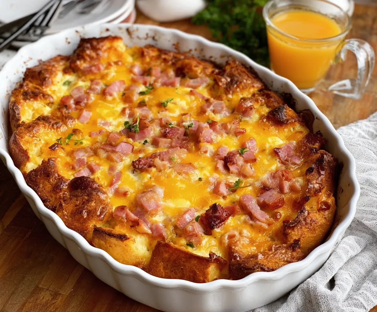 Delicious Easter cheesy ham and egg casserole served in a baking dish, perfect for holiday brunch.
