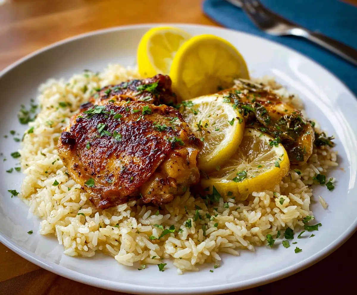 Delicious lemon chicken served with flavorful rice on a plate, perfect for a healthy meal.