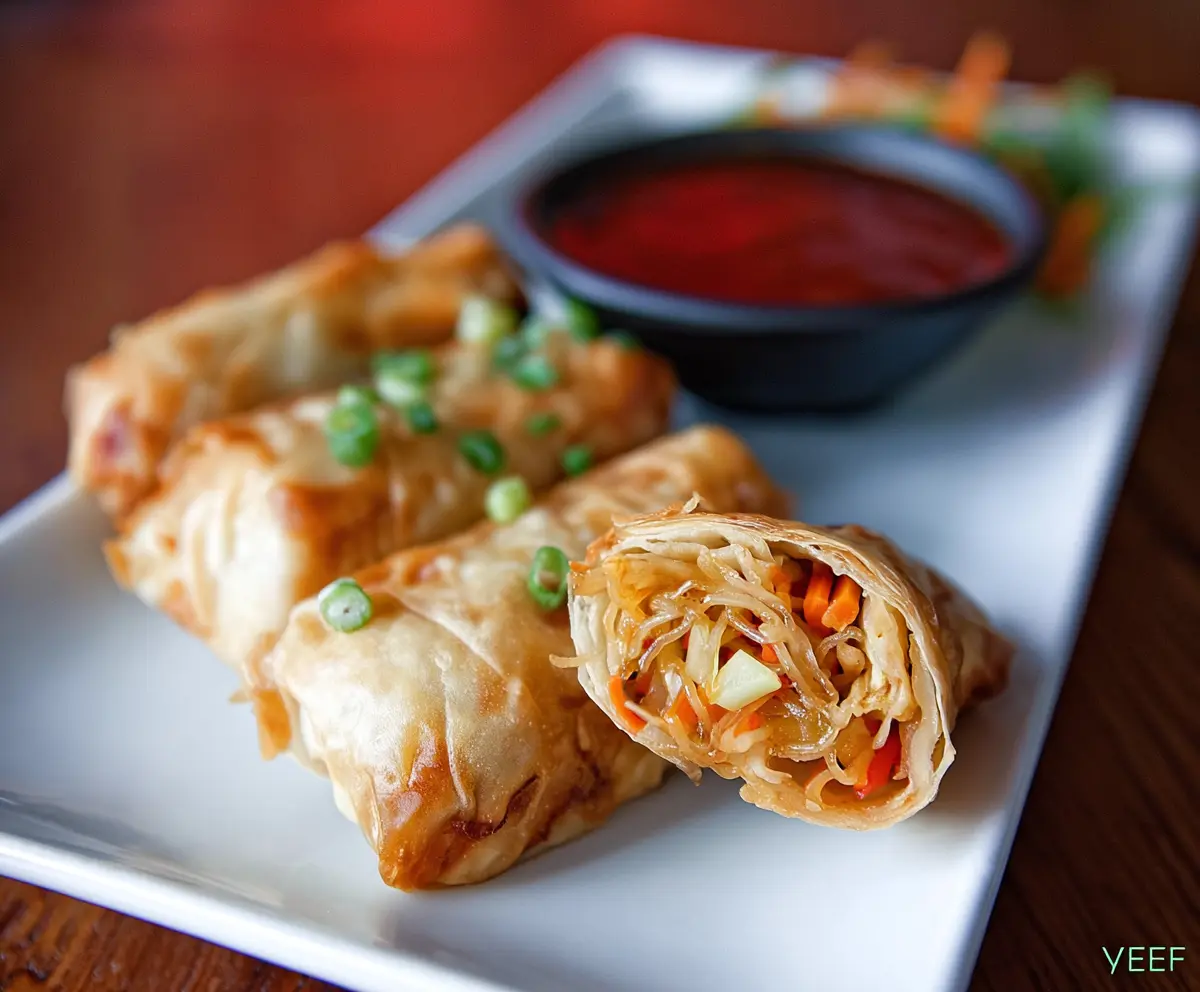 Delicious Lo Mein Spring Rolls with fresh vegetables and savory dipping sauce