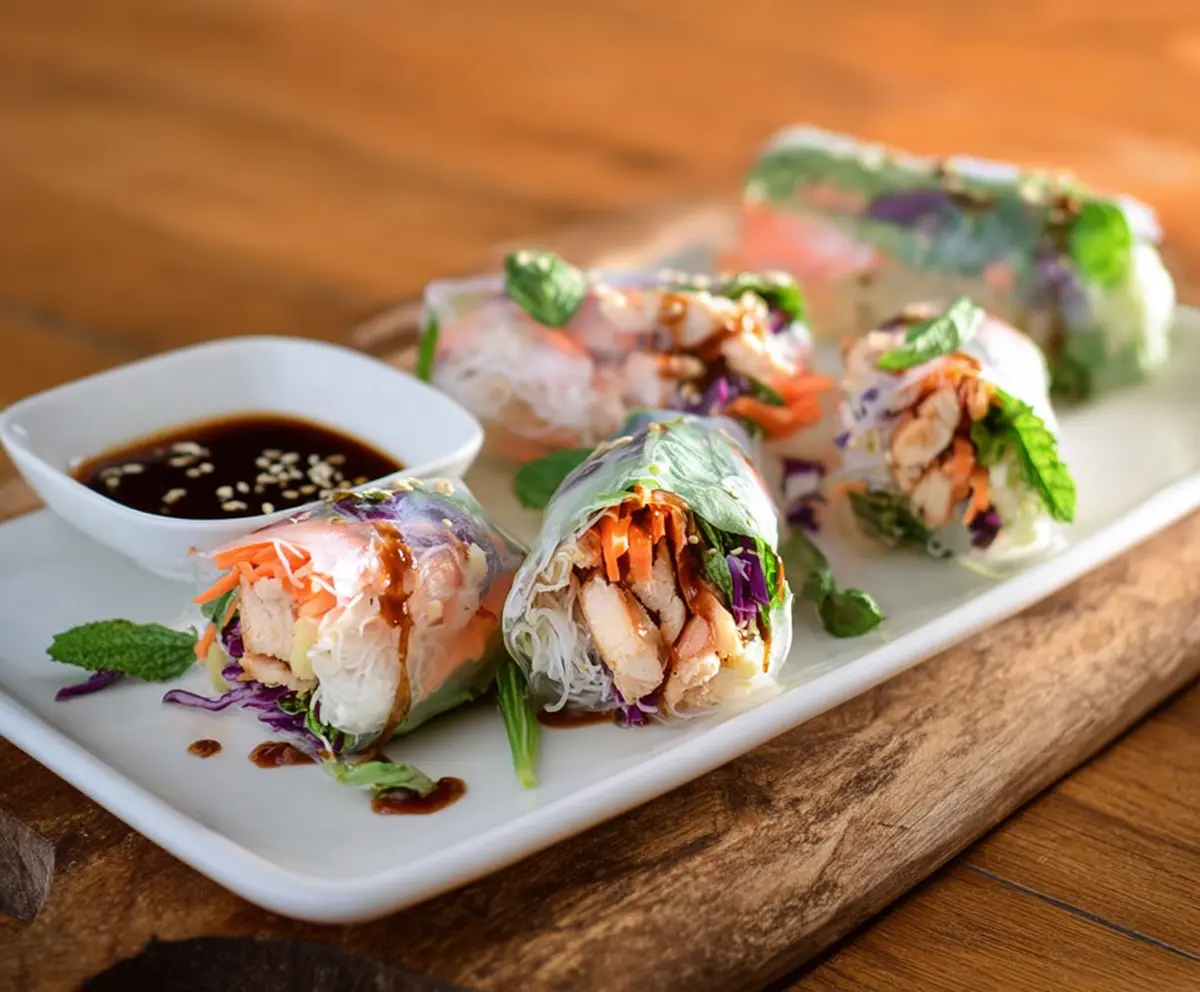 Delicious Teriyaki Chicken Rice Paper Rolls with fresh vegetables and savory sauce.