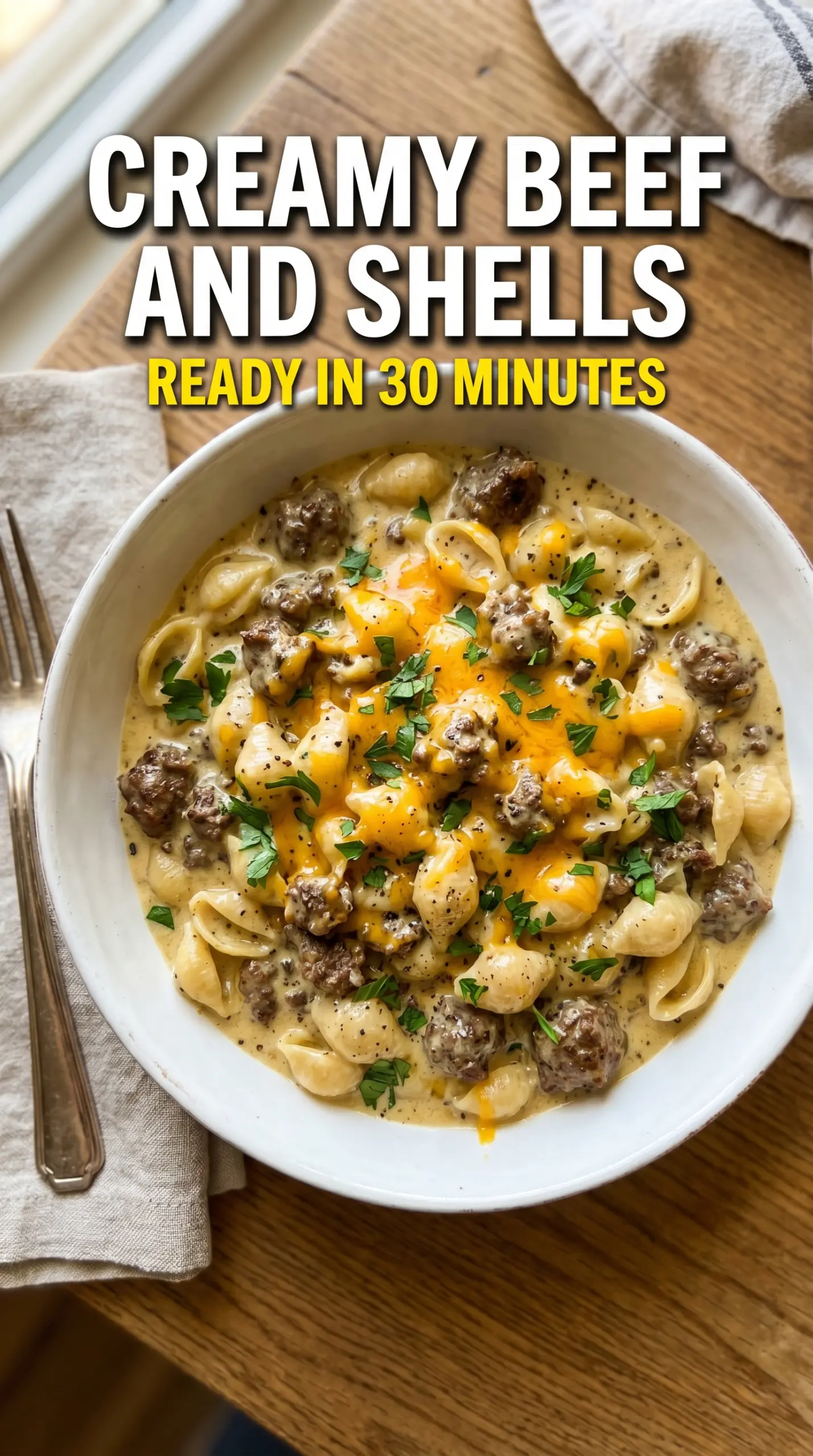 Creamy Beef and Shells, cheesy pasta, ground beef