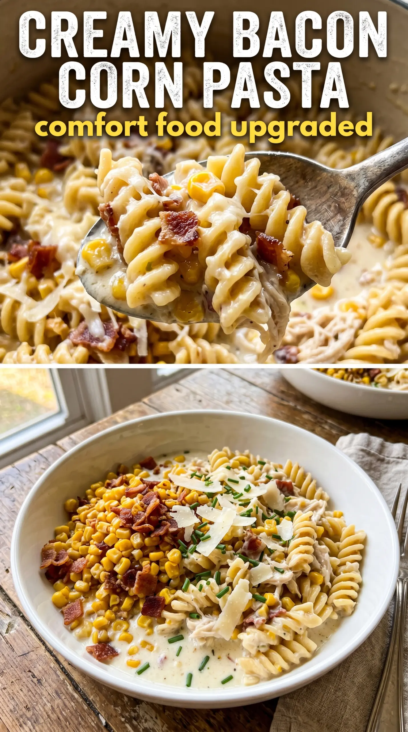 Creamy Chicken and Corn Pasta with Bacon, rigatoni, velvety sauce
