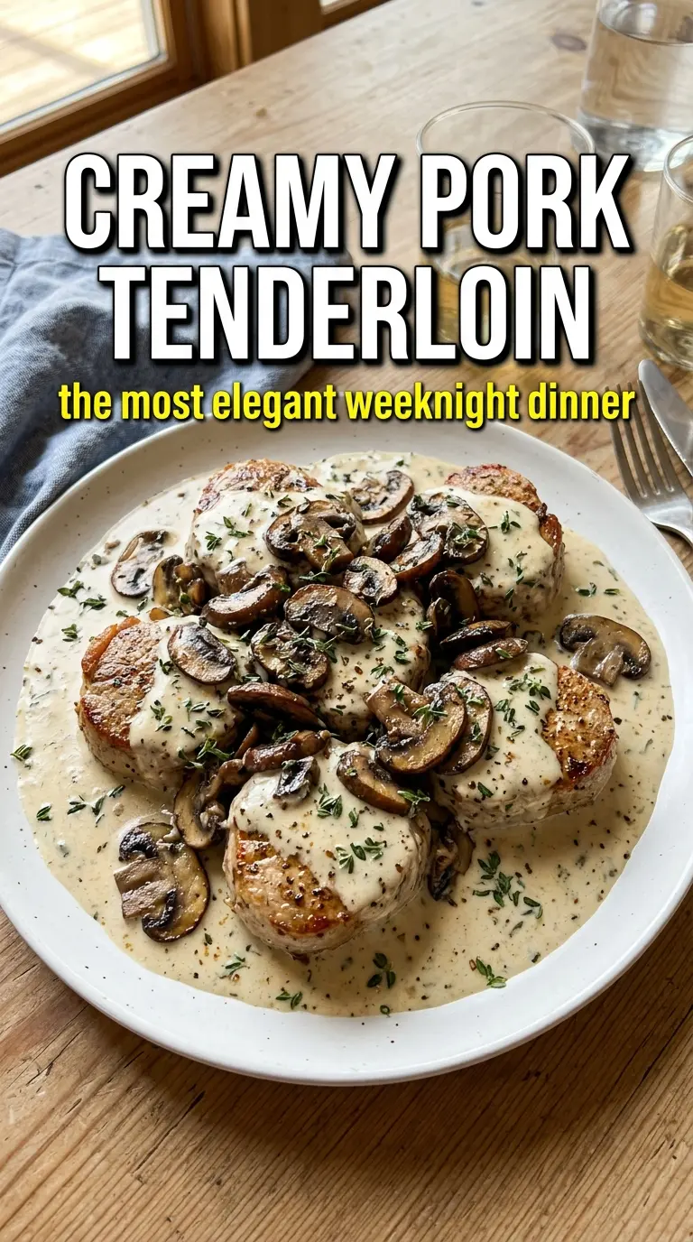 Creamy Pork Tenderloin with mushrooms, herbs, skillet