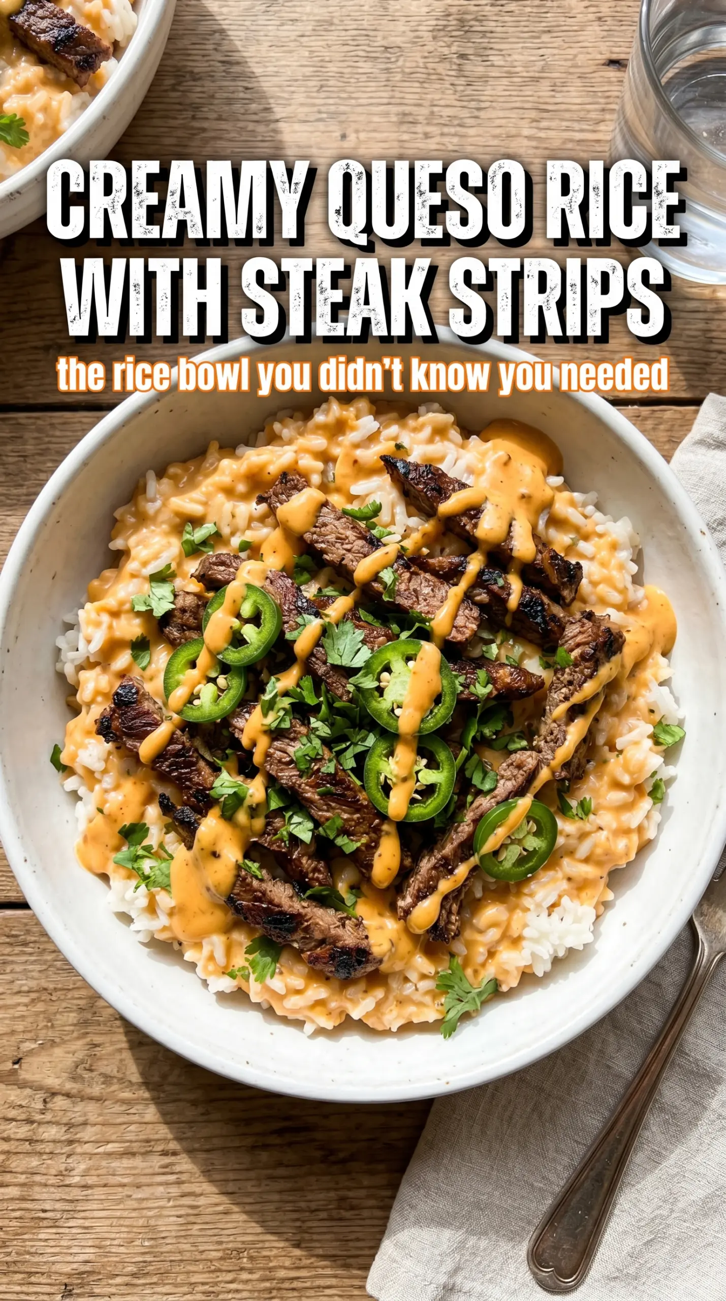 Creamy Queso Rice with Steak Strips bowl cheesy Tex-Mex