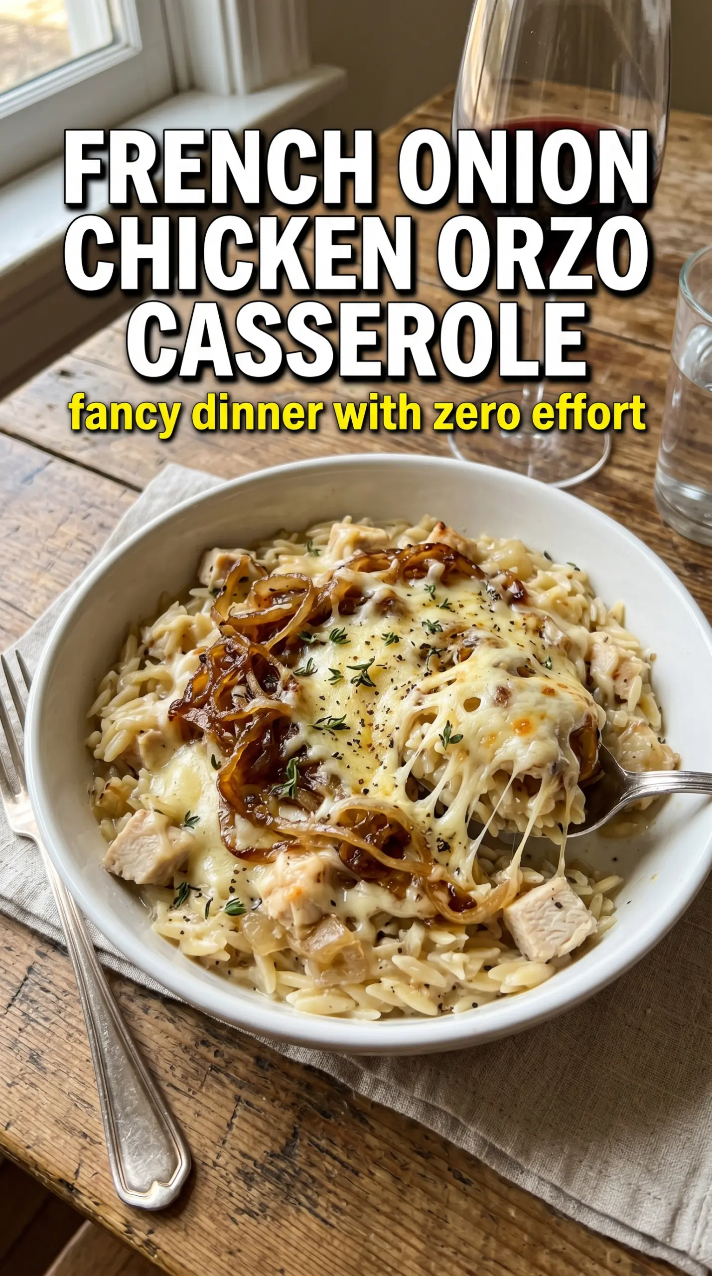 French Onion Chicken Orzo Casserole, cheesy, bubbling, golden