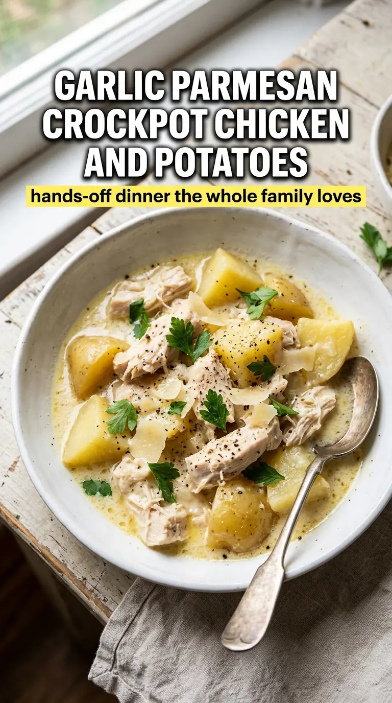 Garlic Parmesan Crockpot Chicken and Potatoes, creamy, hearty, slow-cooked