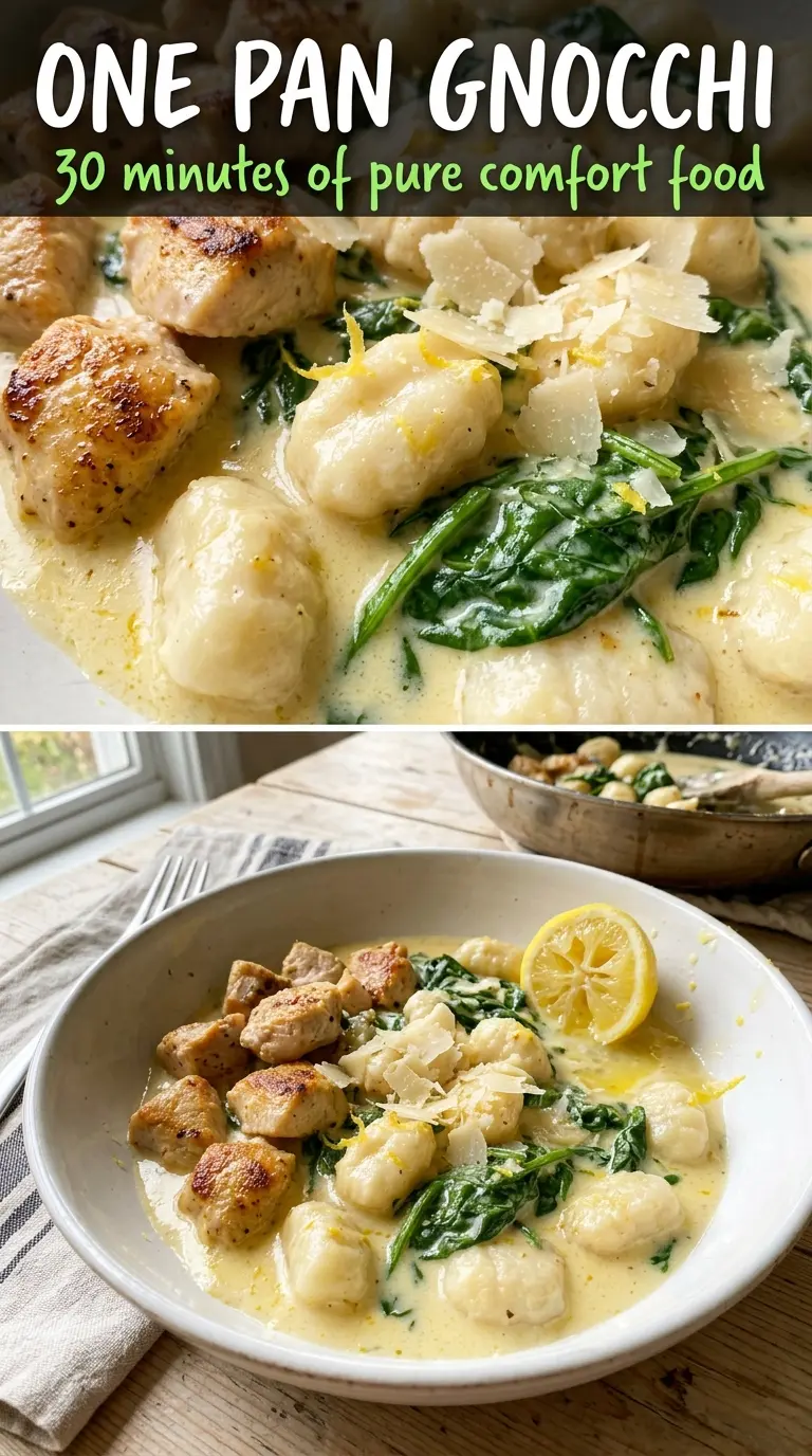 One Pan Lemon Chicken Gnocchi, creamy skillet, golden