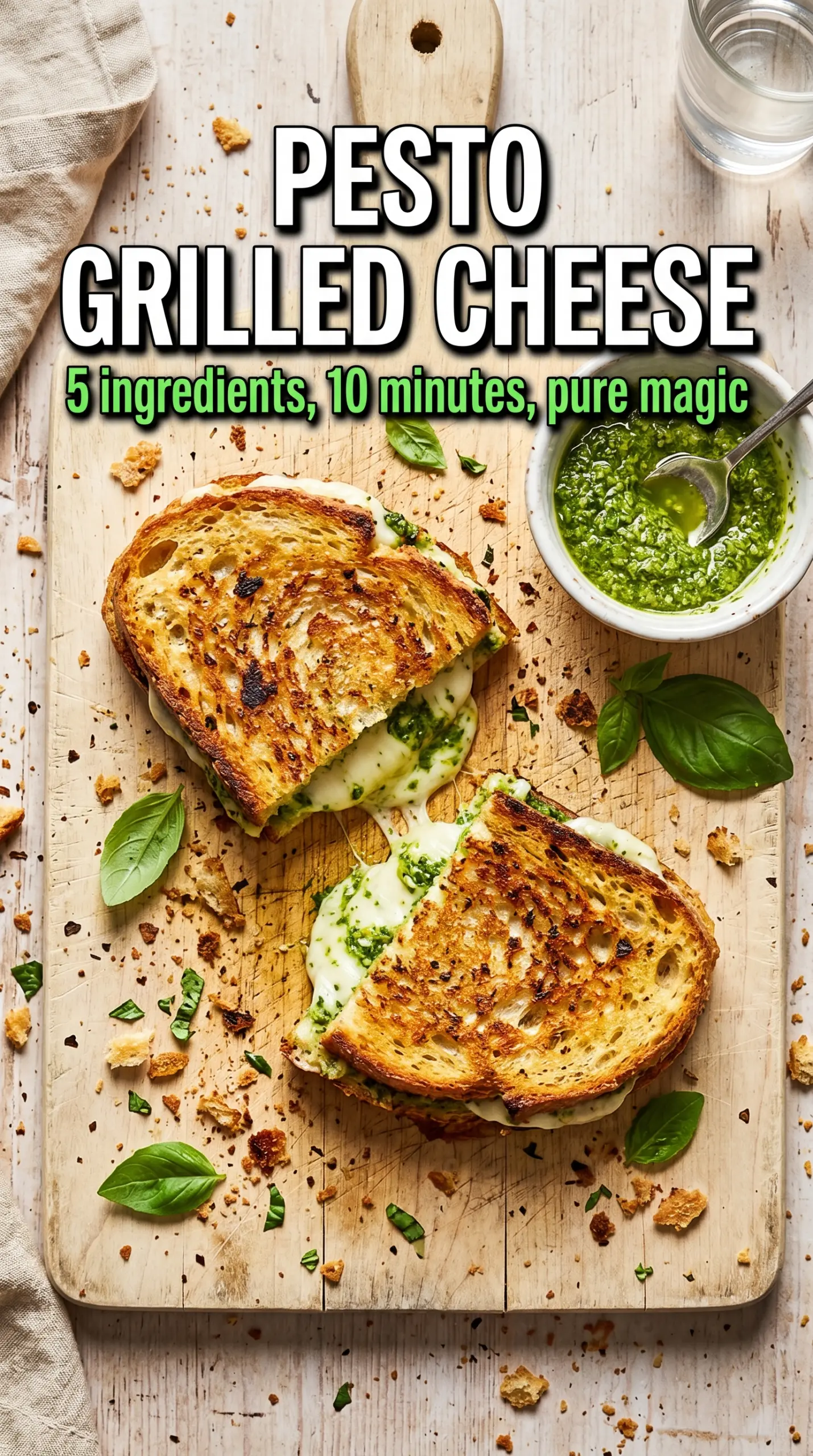 Pesto Grilled Cheese golden sourdough, gooey mozzarella, sun-dried tomatoes