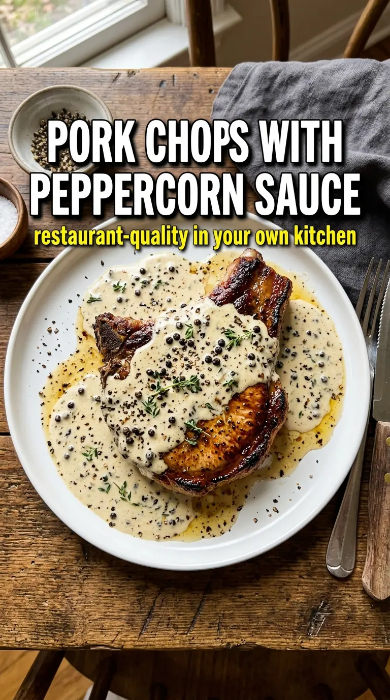 Pork chops with peppercorn sauce, seared creamy glossy