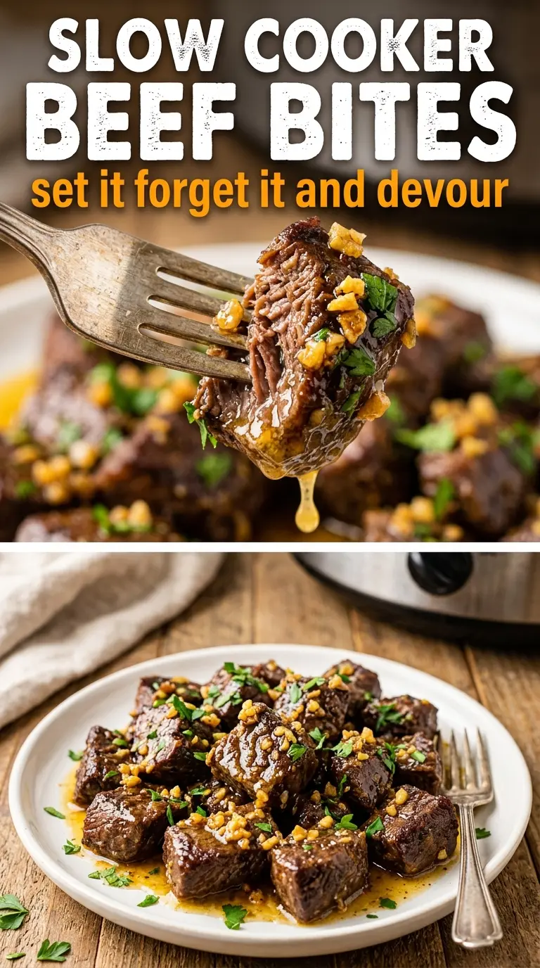 Slow Cooker Garlic Butter Beef Bites tender glossy herb-flecked