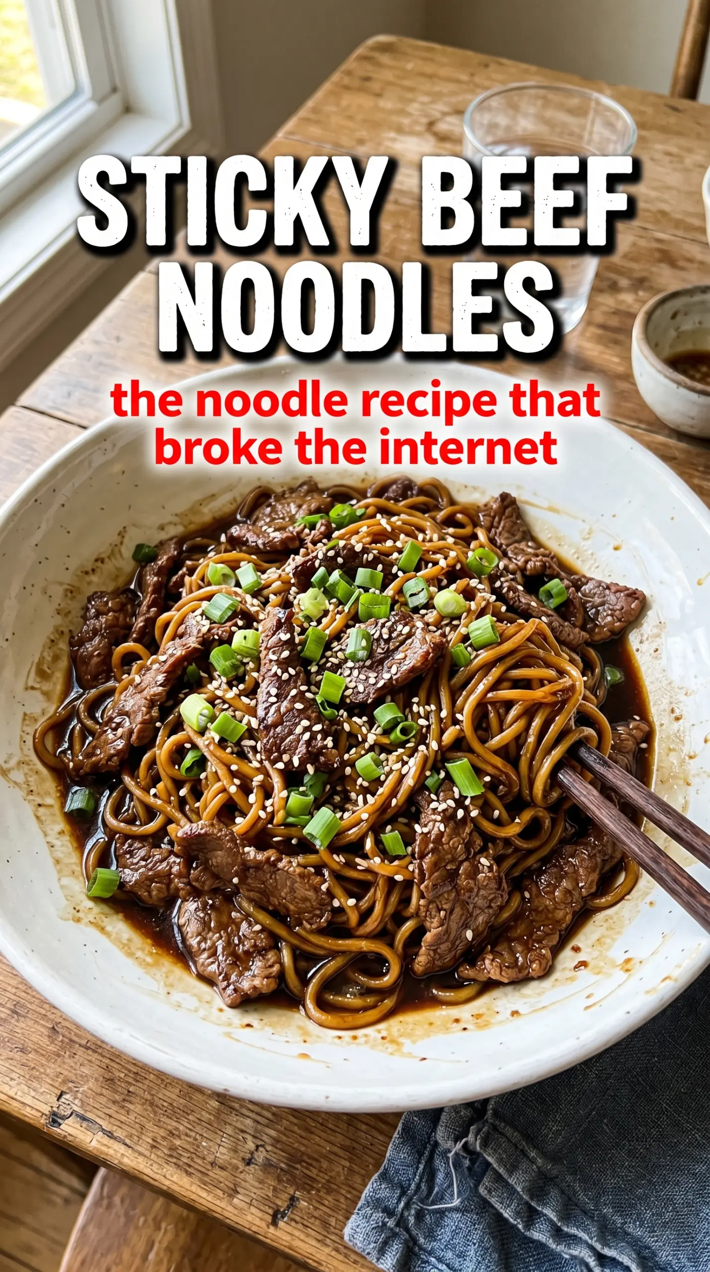 Sticky beef noodles glossy savory