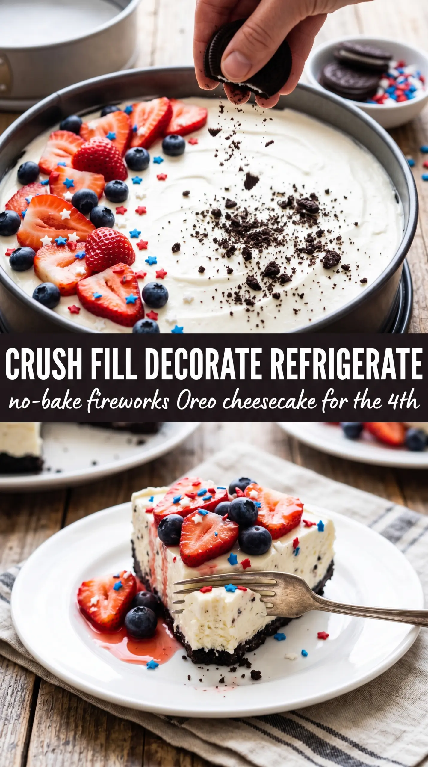 No-Bake Fireworks Oreo Cheesecake creamy Oreo crust red blue sprinkles
