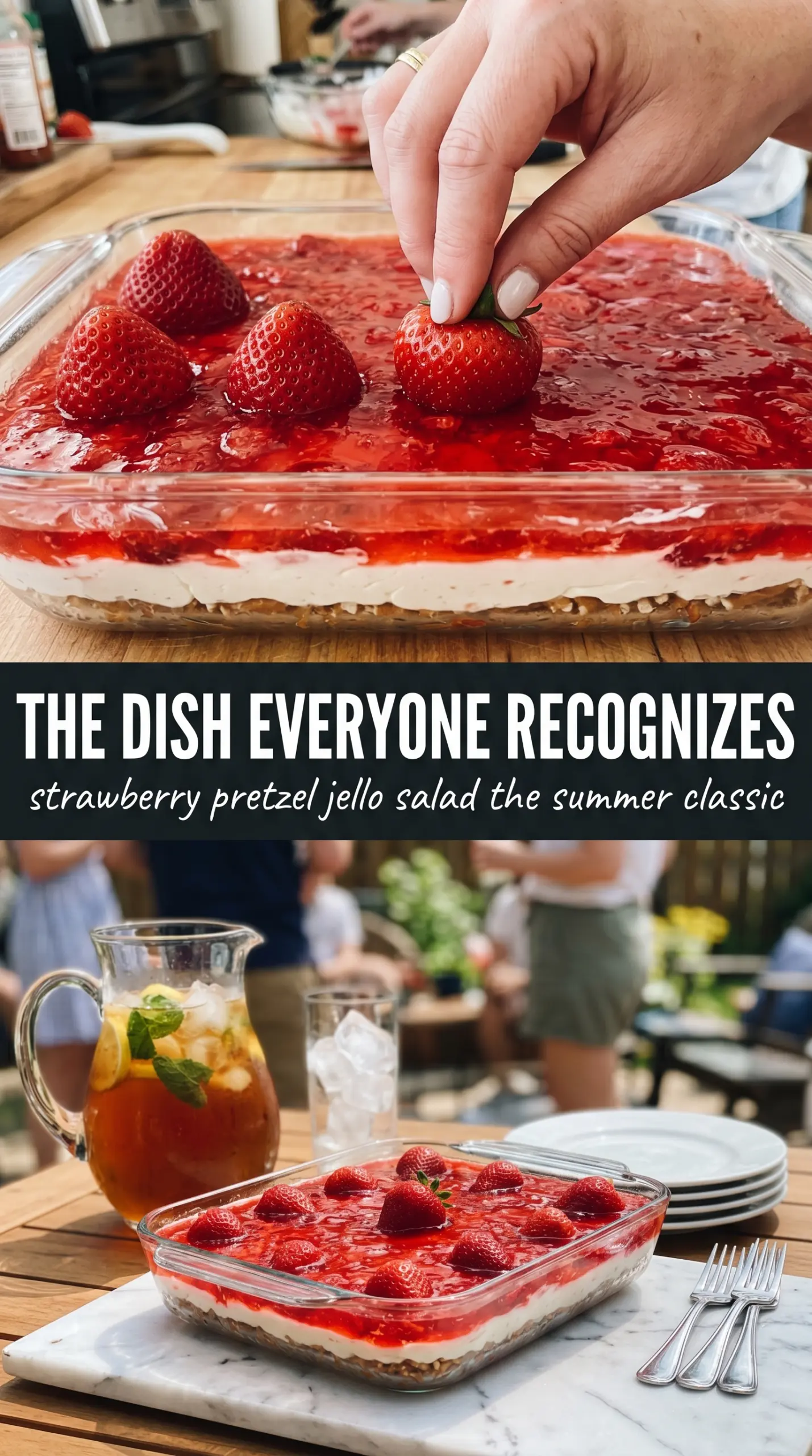 Strawberry Pretzel Jello Salad layered dessert, salty-sweet, creamy