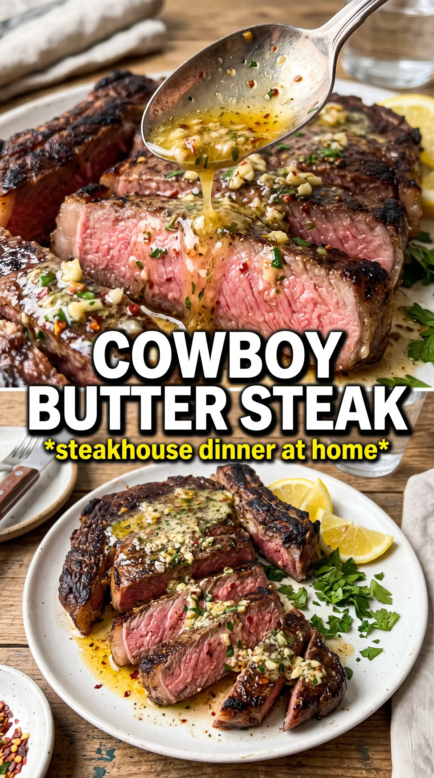 Cowboy butter steak garlicky herb crust