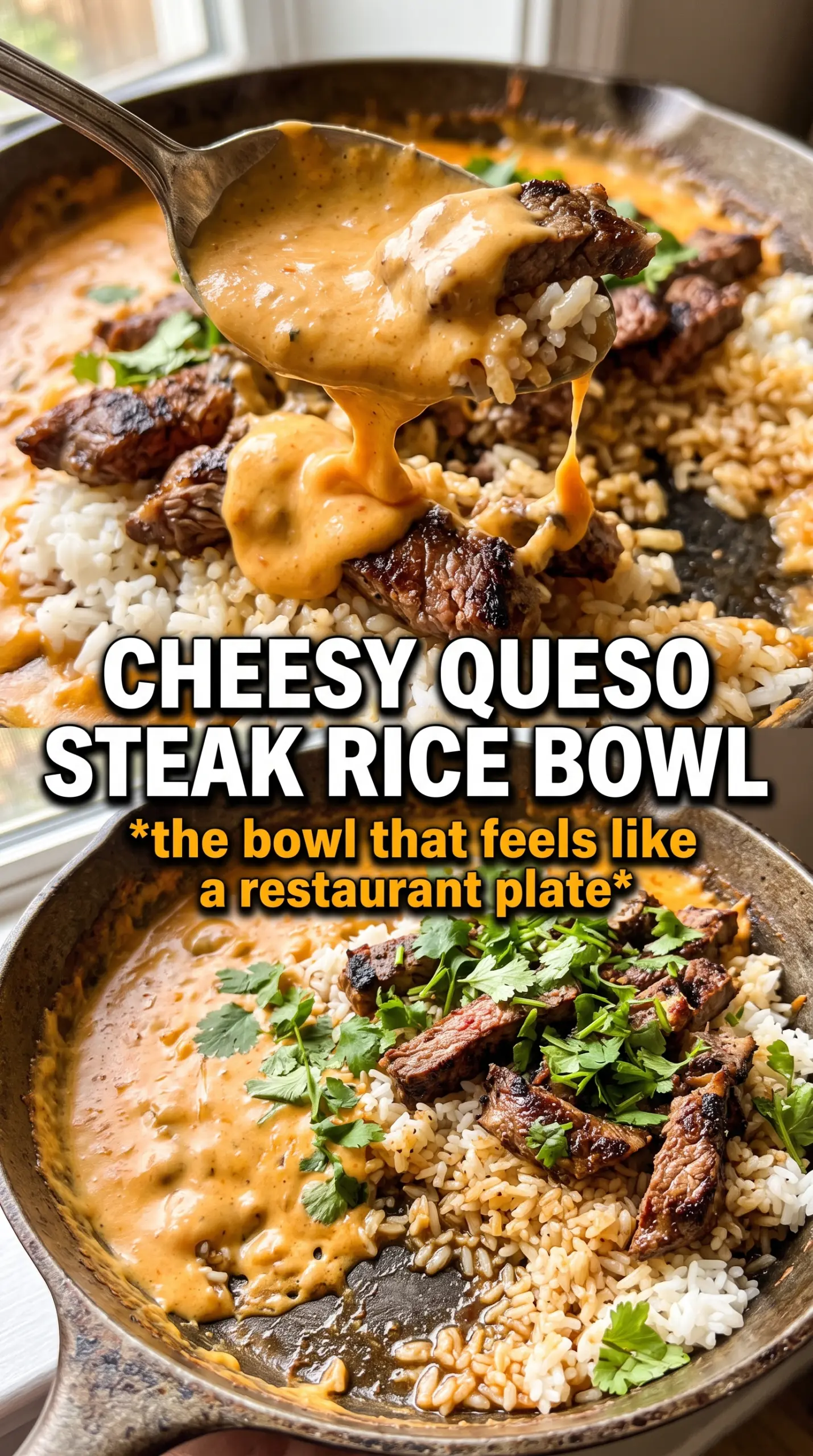 Creamy Queso Rice with Steak Strips creamy Tex-Mex steak bowl