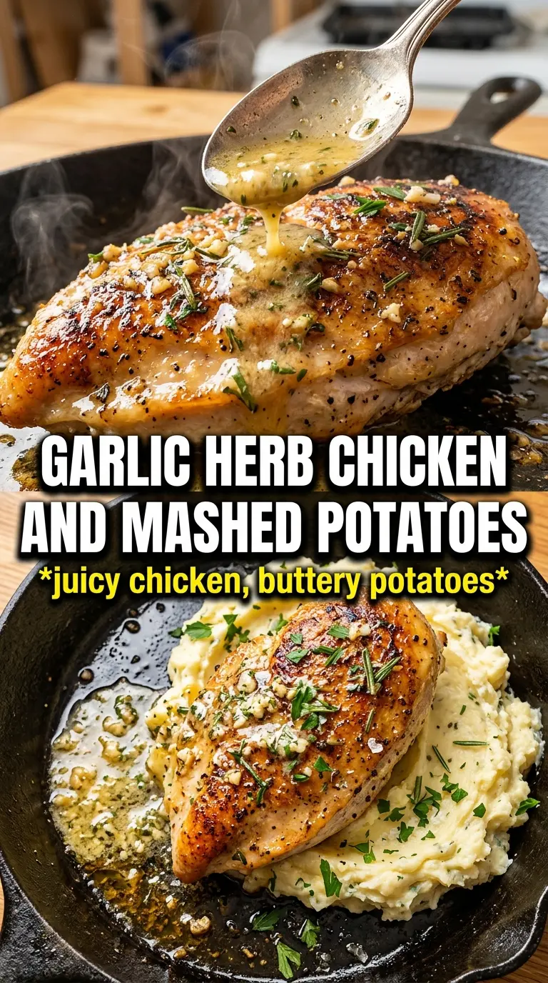 Garlic Herb Chicken Breast with Mashed Potatoes, golden-seared, creamy