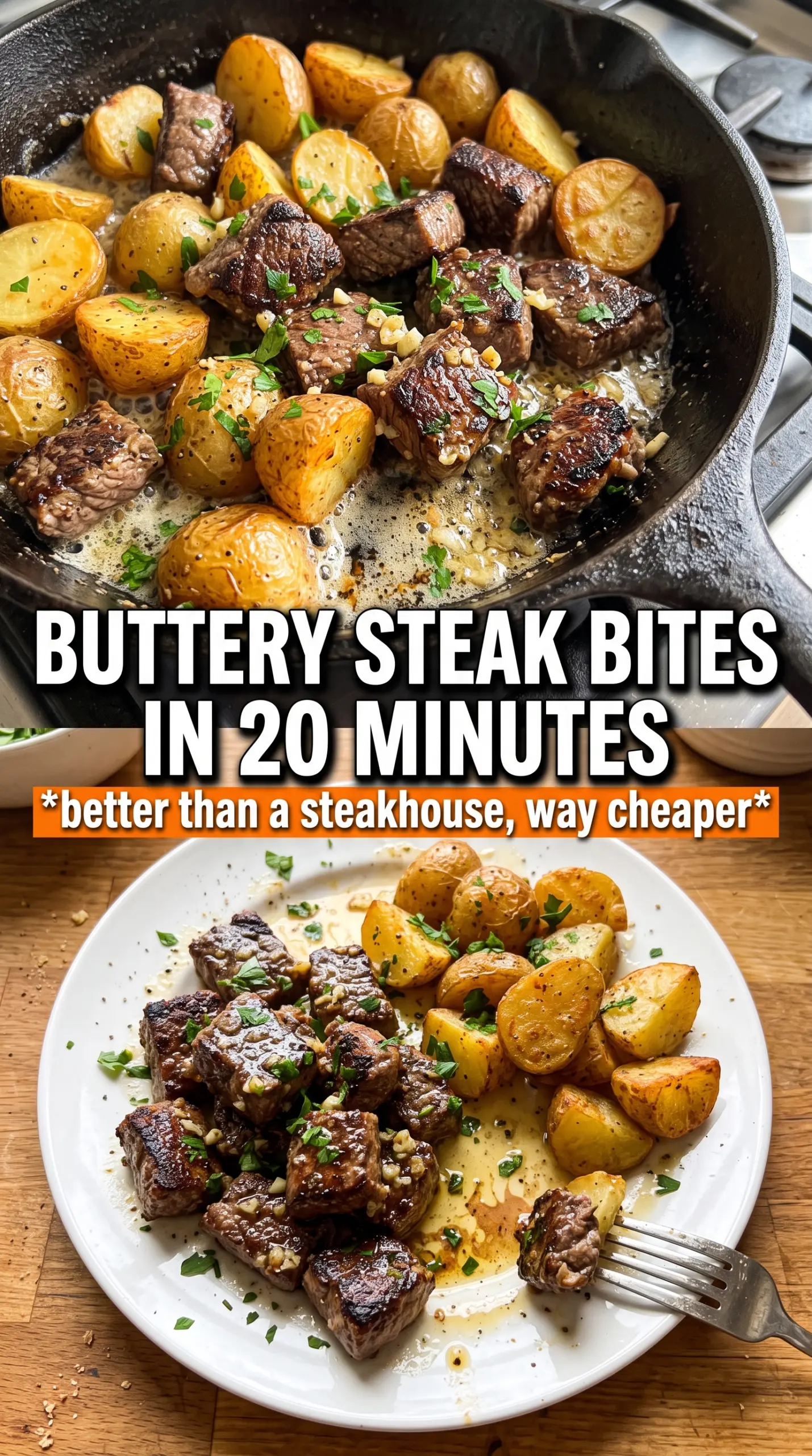Garlic Steak Bites and Potatoes crispy golden steak cast iron
