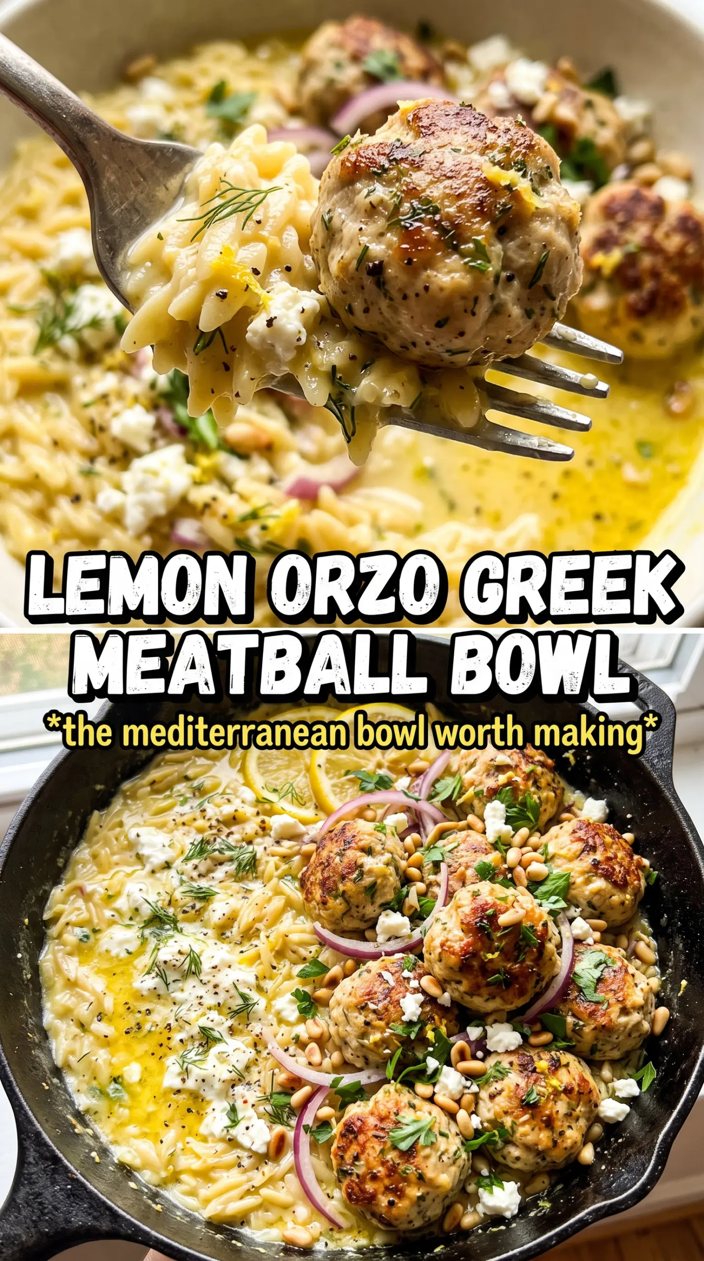 Greek Chicken Meatballs with Lemon Orzo herby lemony savory