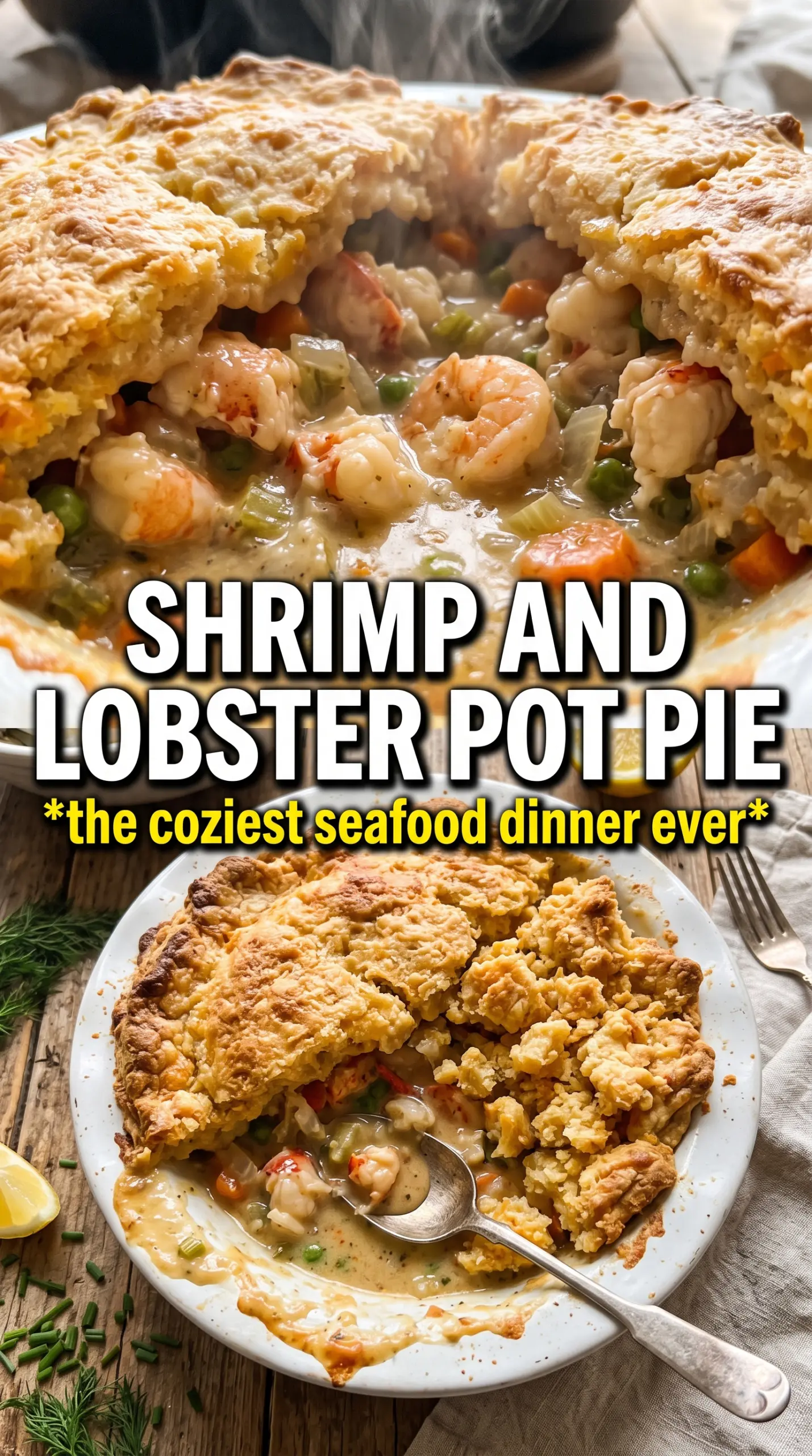 Shrimp and Lobster Cheddar Bay Biscuit Pot Pie creamy seafood, golden biscuits