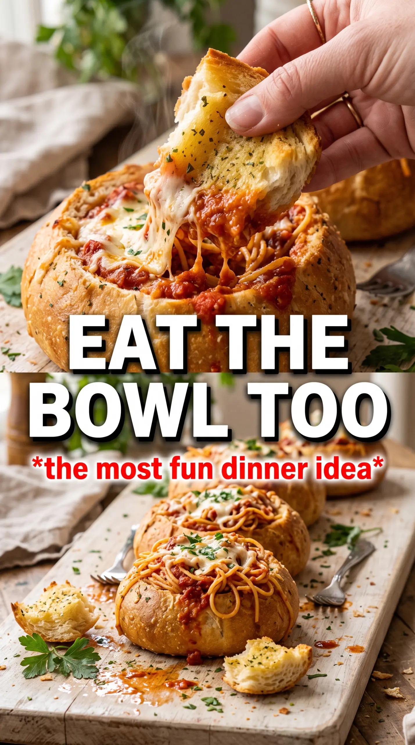 Spaghetti Garlic Bread Bowls crispy cheesy pasta
