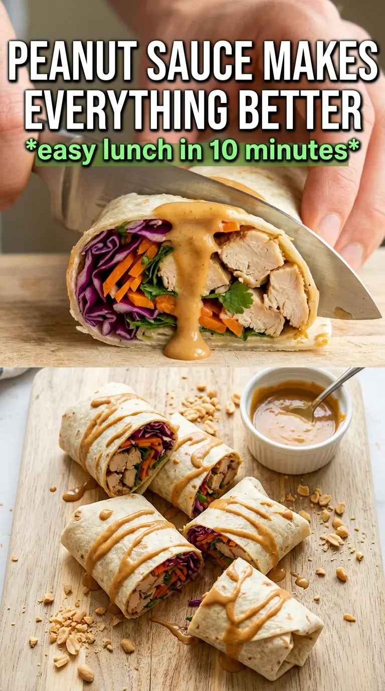 Thai Peanut Chicken Wraps with creamy peanut sauce, crisp vegetables