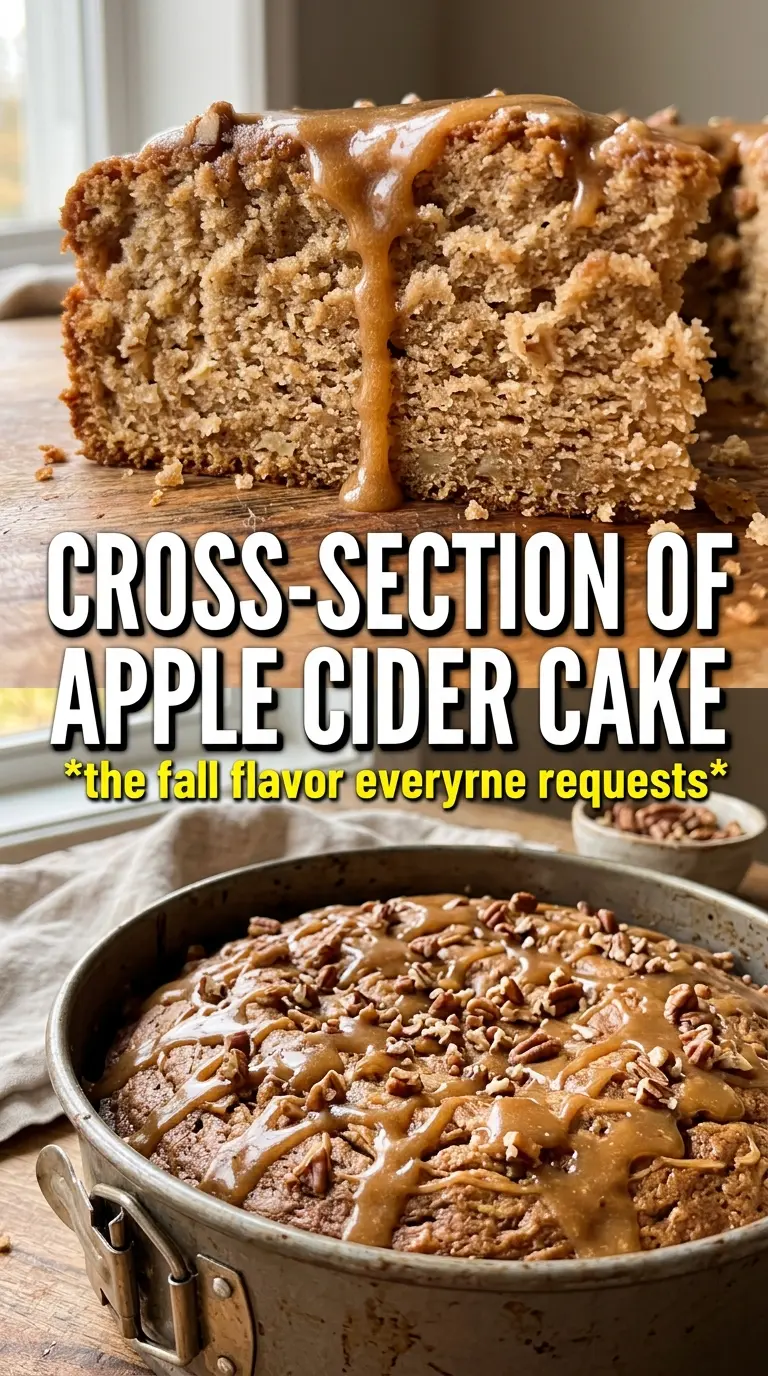 Apple cider cake spiced layers, cream cheese frosting, caramel drizzle