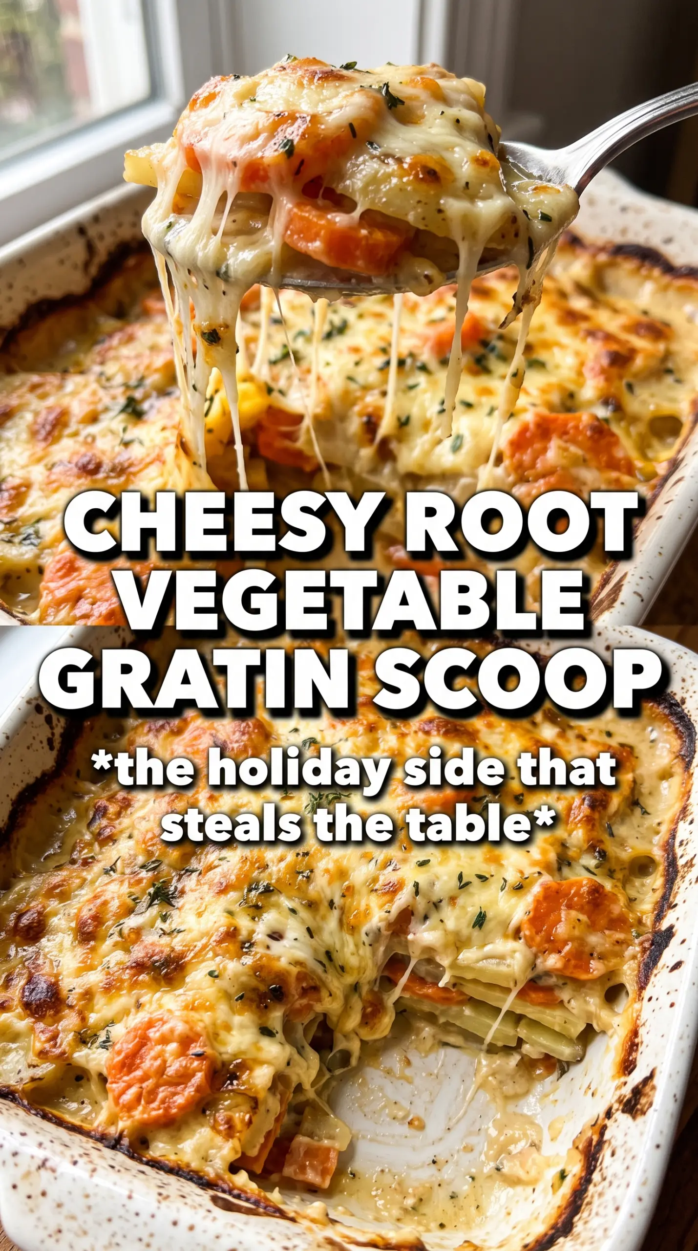 Cheesy Root Vegetable Gratin golden bubbling layered