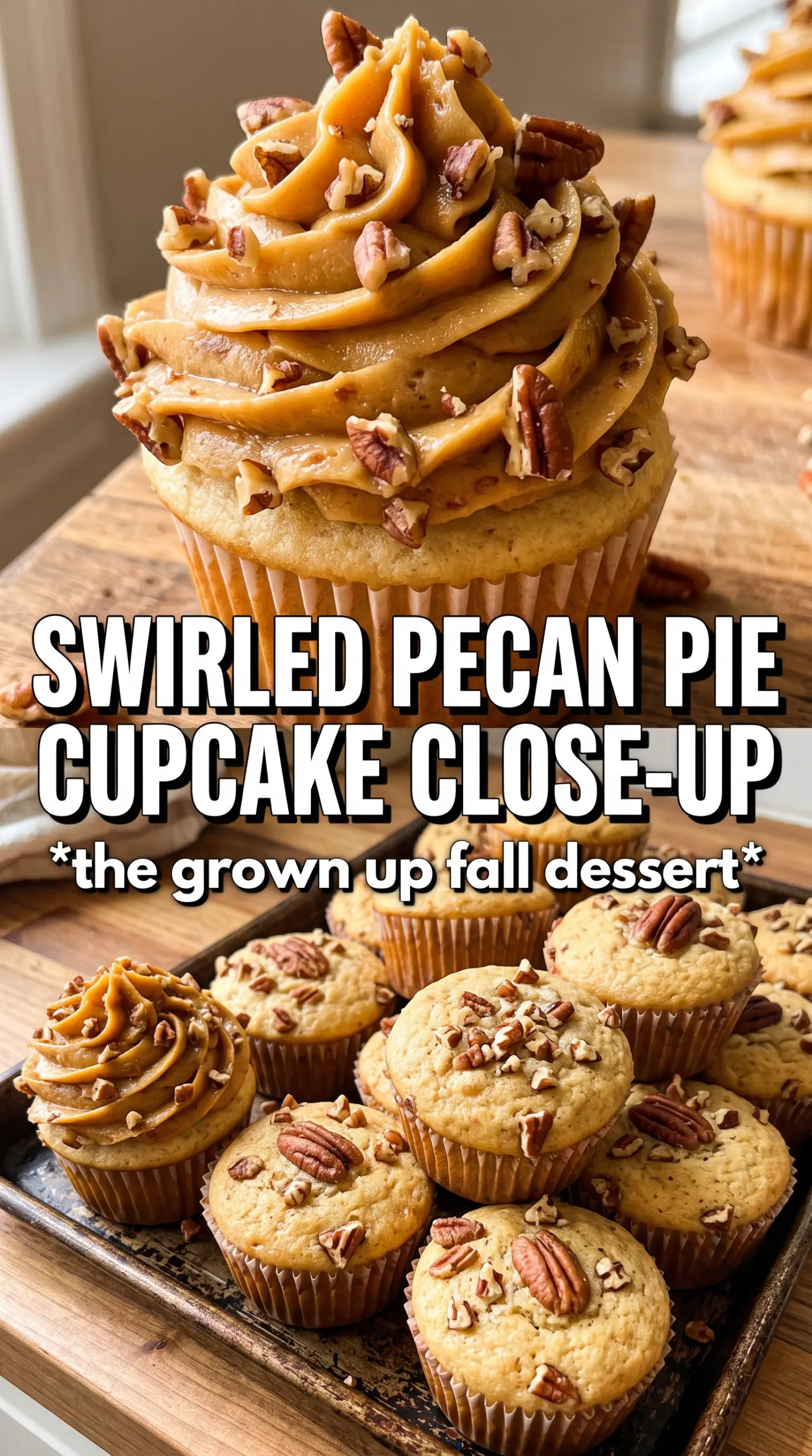 Chocolate bourbon pecan pie cupcakes with butter pecan frosting, filled, decadent, chocolatey