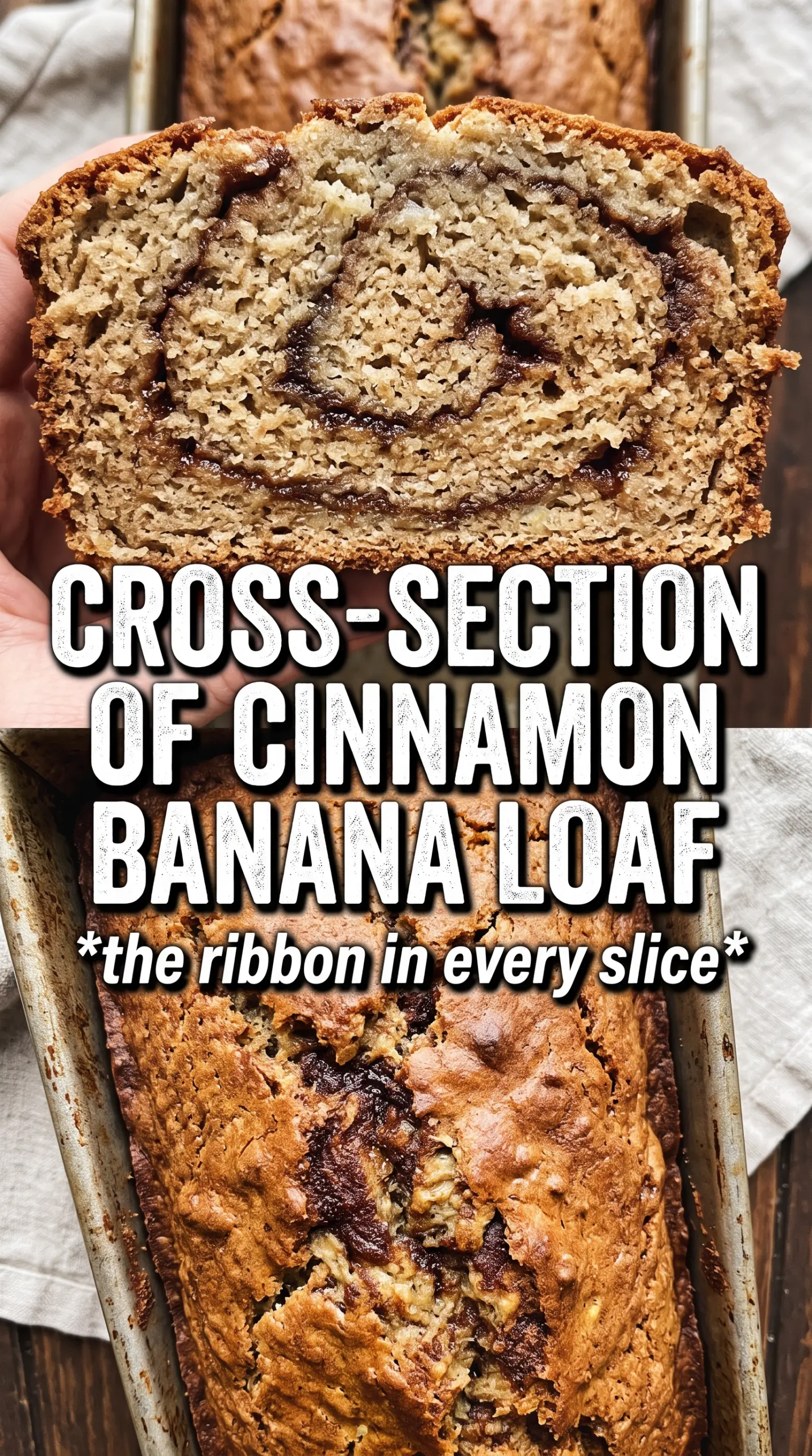 Cinnamon Roll Banana Bread with cinnamon swirl, cream cheese glaze, sliced loaf