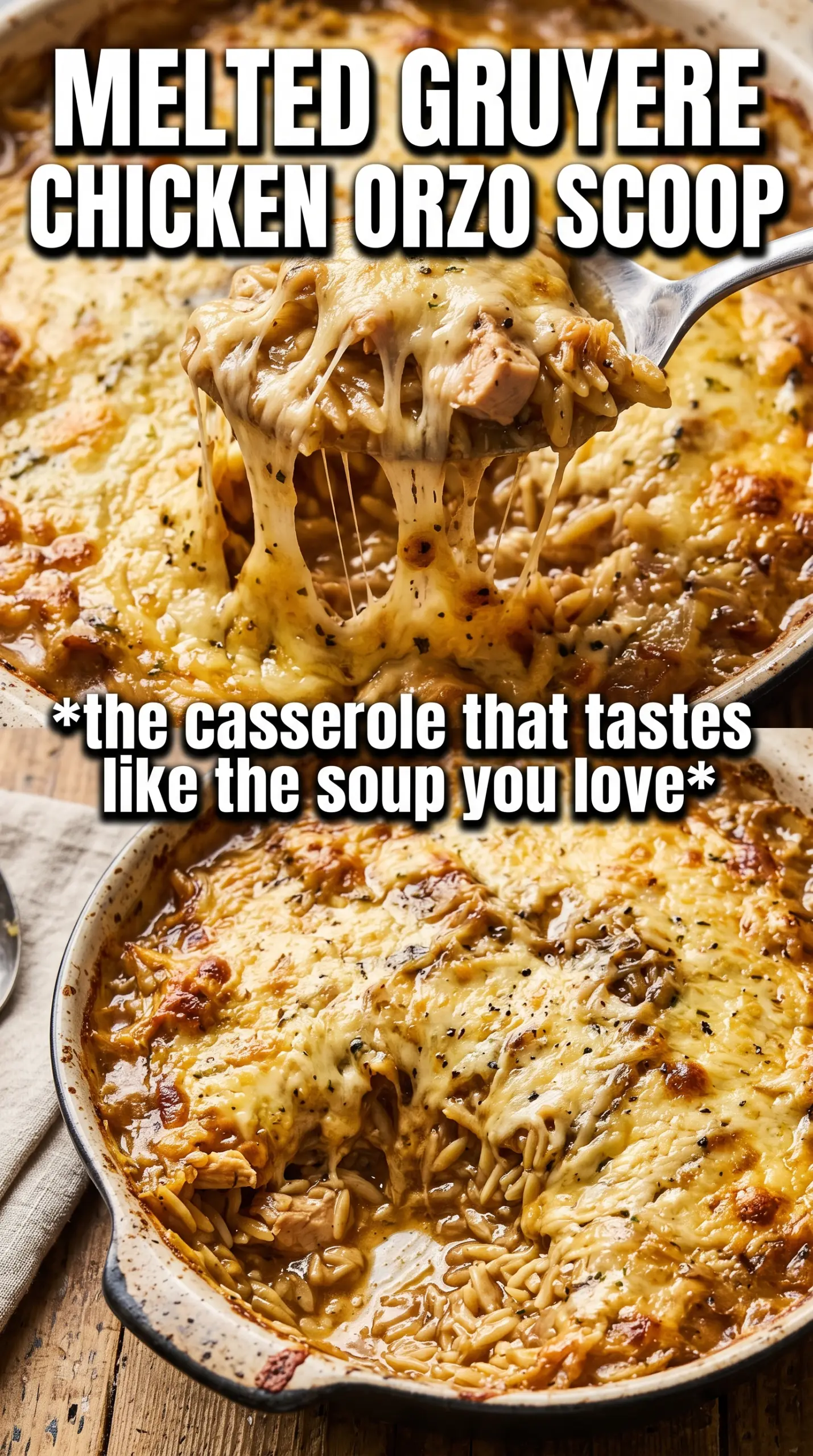 French Onion Chicken Orzo Casserole golden creamy