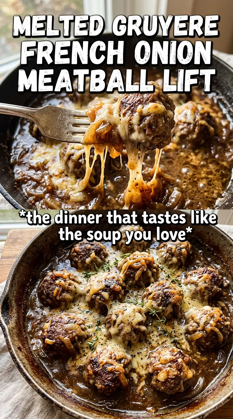 French onion meatballs caramelized cheesy baked