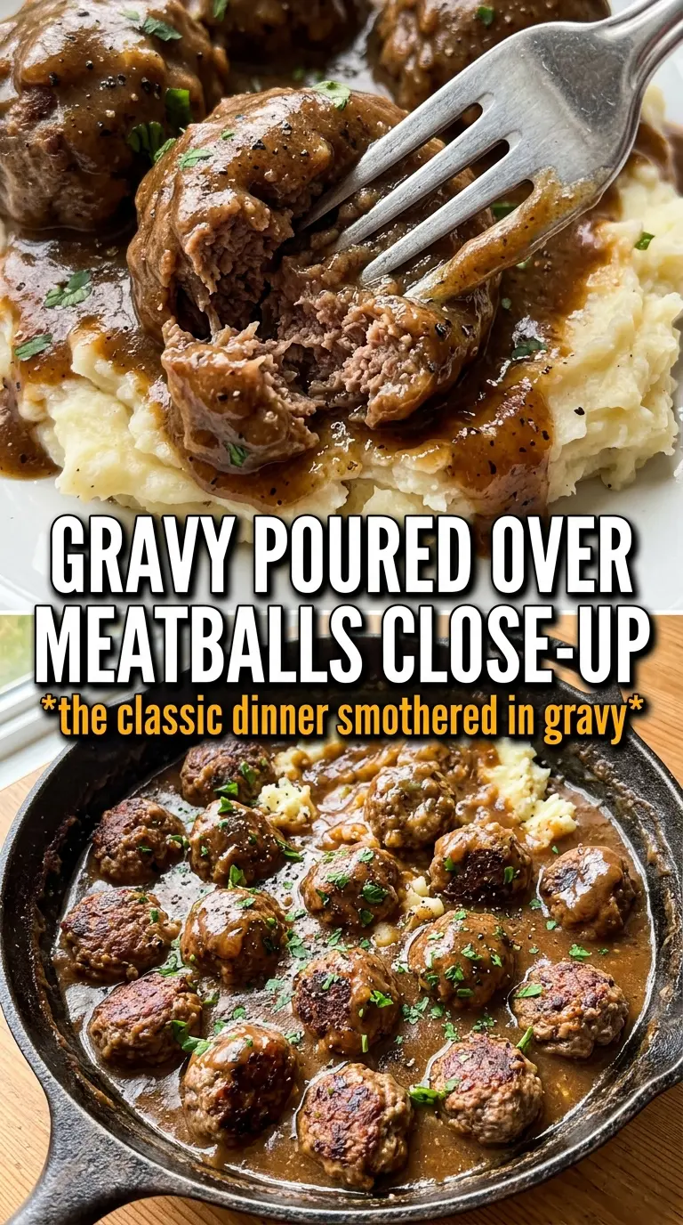 Meatballs and gravy rich onion, tender, savory